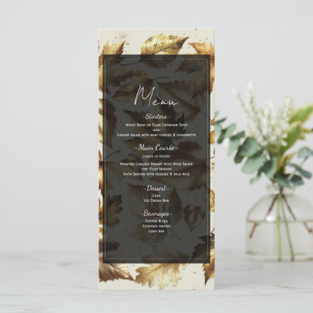 Gold Blätter Almond Beige & Black Hochzeit im Herb Menükarte (Stehend Vorderseite)