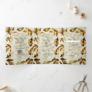 Gold Blätter Almond Beige Glam Hochzeit im Herbst Dreifach Gefaltete Einladung
