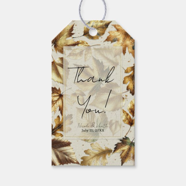 Gold Blätter Almond Beige Glam Hochzeit im Herbst Geschenkanhänger (Vorderseite)