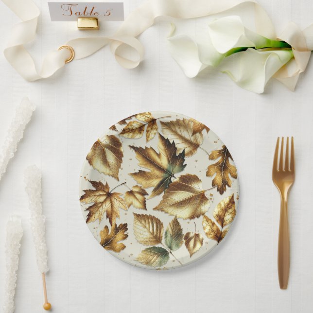 Gold Blätter Almond Beige Glam Hochzeit im Herbst Pappteller (Hochzeit)
