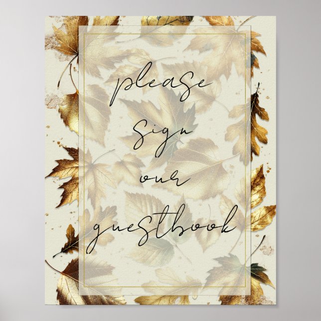 Gold Blätter Almond Beige Wedding Gästebuchsign Poster (Vorne)