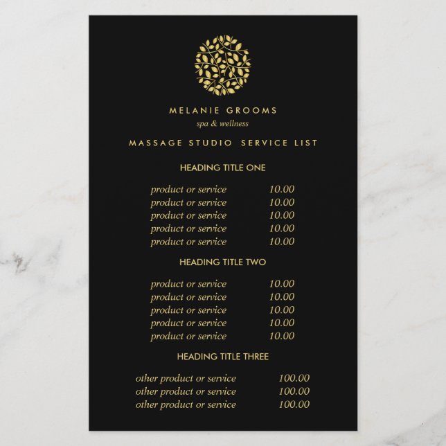 Gold Blätter Black Wellness-Center Massage Pricing Flyer (Vorne)