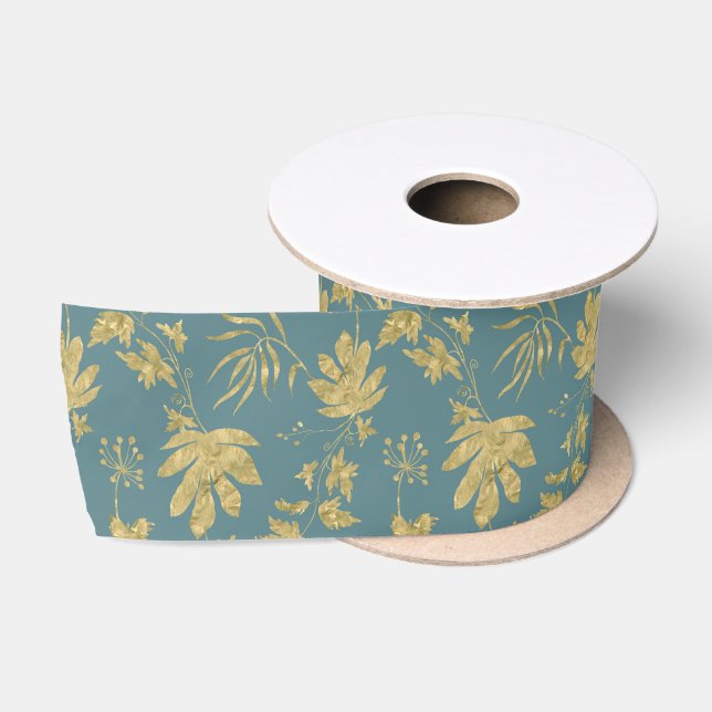 Gold Blätter Blue Green Spring Brautparty Satinband (Spule)