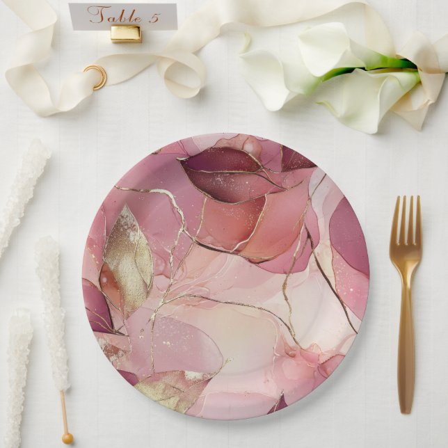 Gold Blätter Burgundy Blush Pink Brautparty Pappteller (Hochzeit)