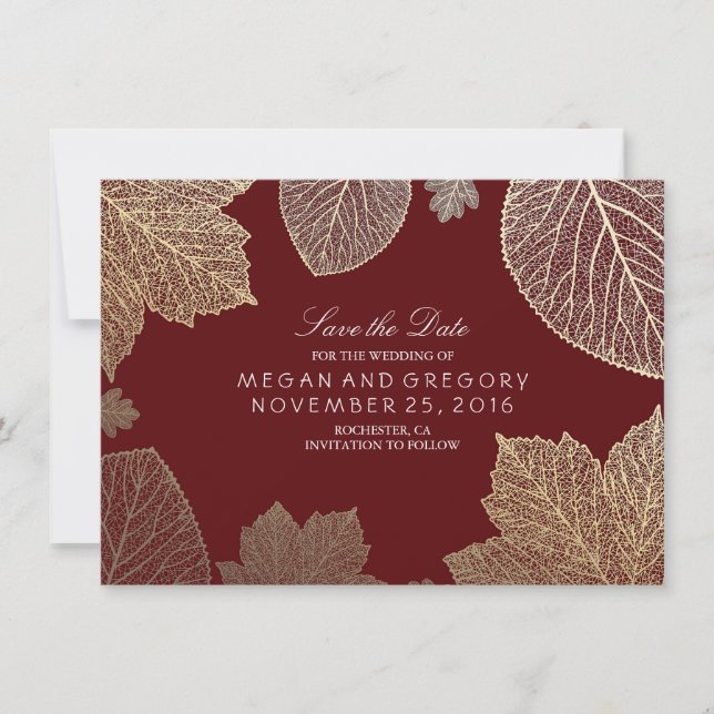 Gold Blätter Burgundy Marsala Save the Date (Vorderseite)