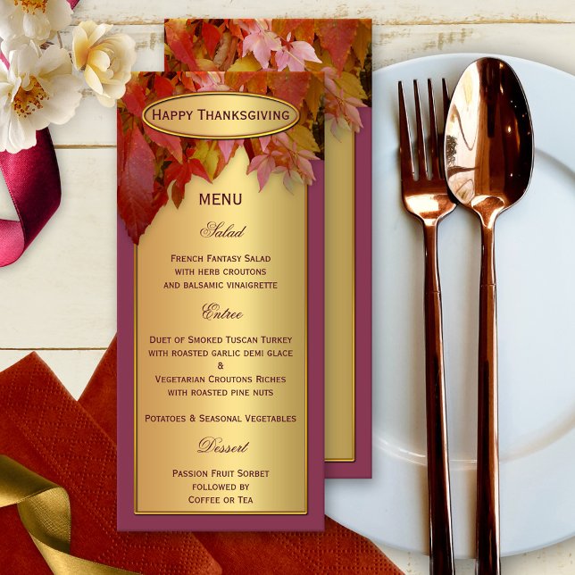 Gold Blätter Erntedank Fall Dinner Menü Menükarte (Elegant autumn dinner menu template card featuring a gold printed design with colorful fall leaves)