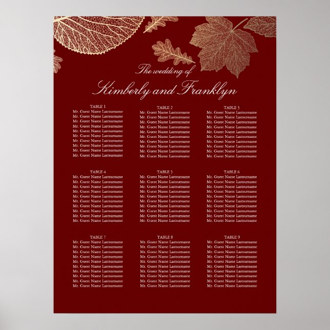 Gold-Blätter fallen Burgund-Hochzeitssortierung Poster (Vorne)