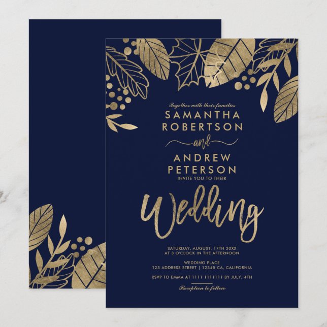 Gold Blätter fallen Typografie blauen Hochzeit Einladung (Vorne/Hinten)