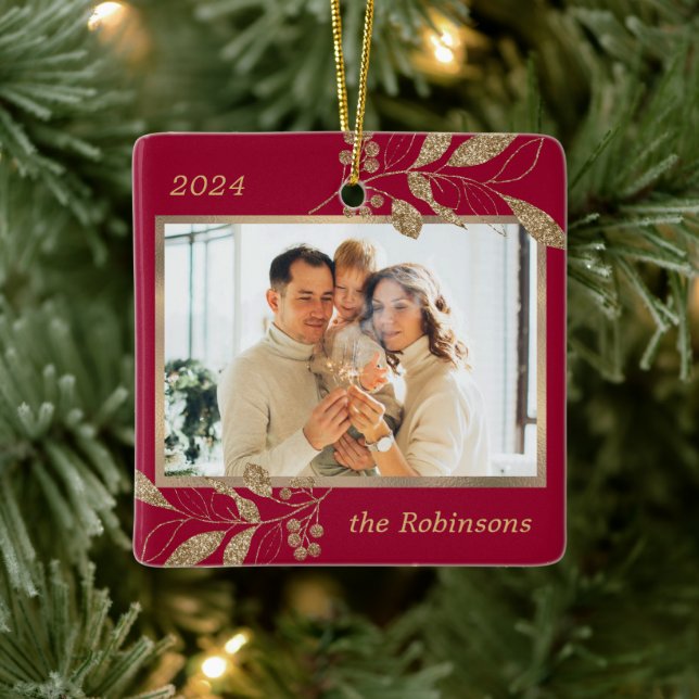 Gold Blätter Family Foto Weihnachten Keramikornament (Baum)