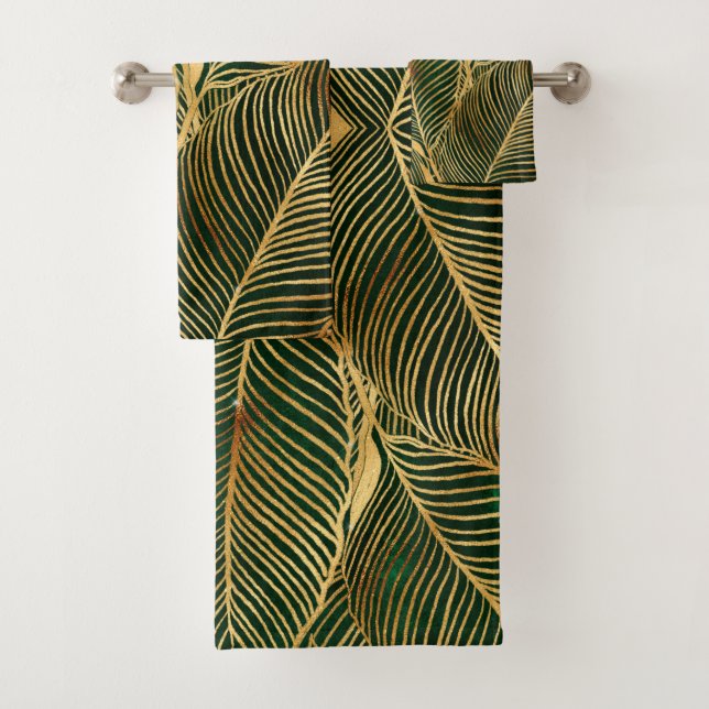 Gold Blätter Forest Green Elegantes Muster Badhandtuch Set (Insitu)