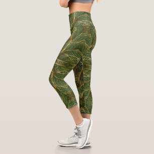 Gold Blätter Forest Green Elegantes Muster Capri Leggings