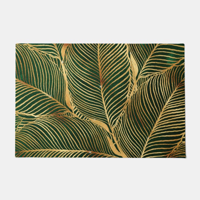 Gold Blätter Forest Green Elegantes Muster Fußmatte (Vorderseite)