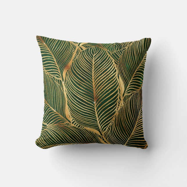 Gold Blätter Forest Green Elegantes Muster Kissen (Vorderseite)