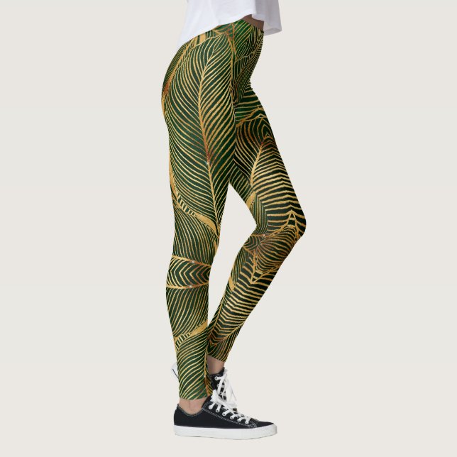 Gold Blätter Forest Green Elegantes Muster Leggings (Rechts)