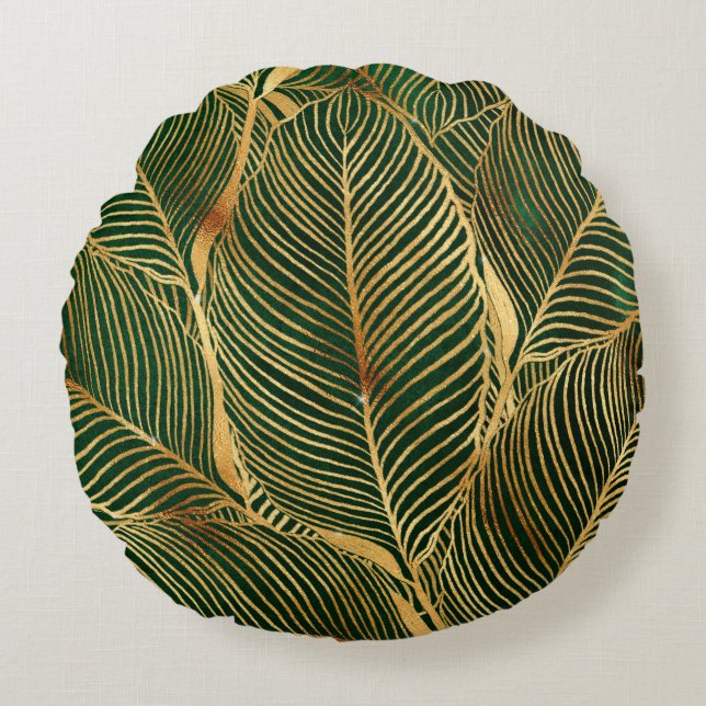 Gold Blätter Forest Green Elegantes Muster Rundes Kissen (Vorderseite)