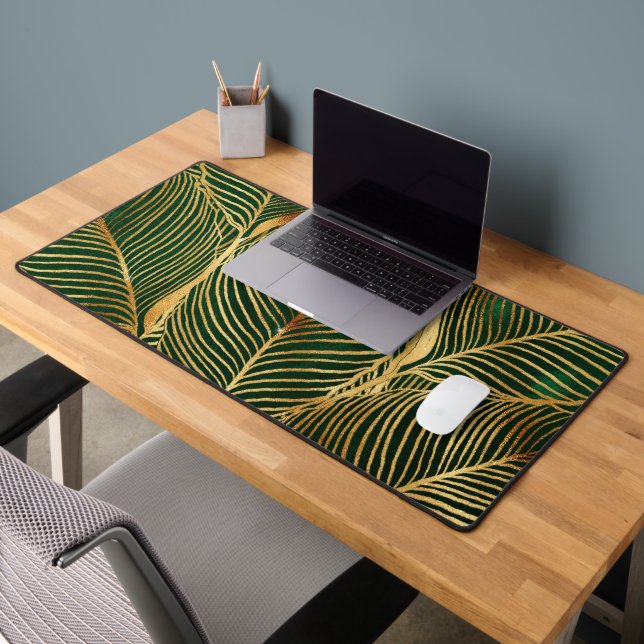 Gold Blätter Forest Green Elegantes Muster Schreibtischunterlage (Büro 2)