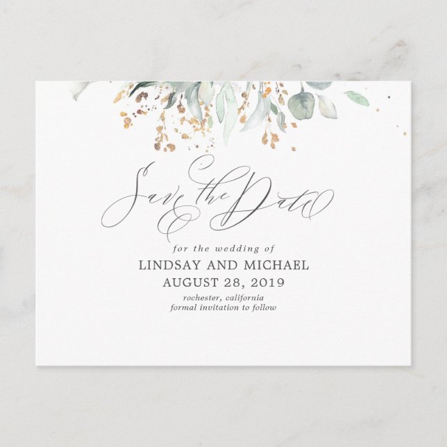 Gold Blätter Greenery Boho Save the Date Postkarte (Vorderseite)