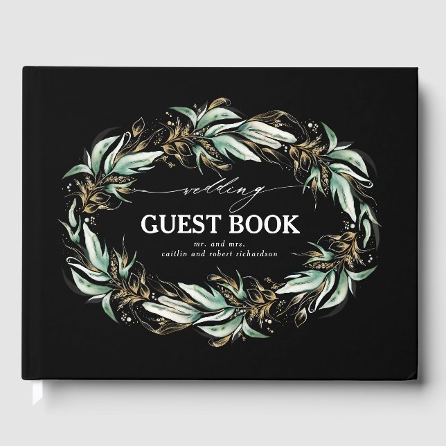 Gold Blätter Greenery Wreath Black Wedding Gästebuch (Vorderseite)