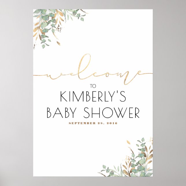 Gold Blätter Grüne Elegante Babydusche Willkommen Poster (Vorne)