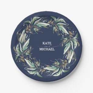 Gold Blätter Grüne Navy Blue Wedding Pappteller