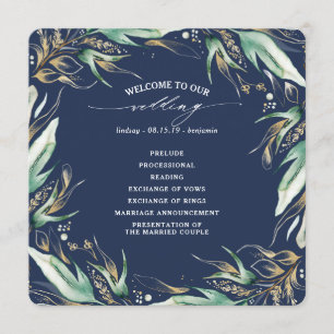 Gold Blätter Grüne Navy Blue Wedding Programm