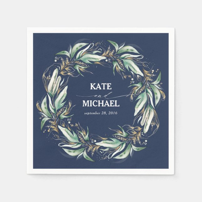 Gold Blätter Grüne Navy Blue Wedding Serviette (Vorderseite)