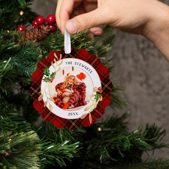 Gold Blätter, Holly & Foto auf Weihnachten Tartan Ornament Karte (Von Creator hochgeladen)