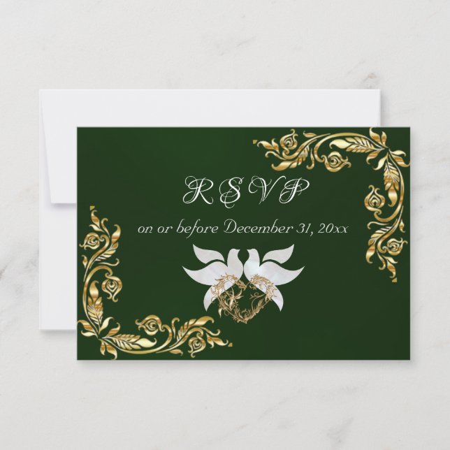 Gold-Blätter in Smaragd RSVP Karte (Vorderseite)
