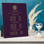 Gold-Blätter-Logo lila | Preise für Wellness-Cente Fotoplatte<br><div class="desc">Elegantes Design zeigt Ihre Dienstleistungen, Preislisten oder Geschäftsinformationen unter einem Kreis von Zweigniederlassungen und Blätter in Imitaten Goldfolie und Ihren Namen oder Firmennamen. Enthält drei individuell anpassbare Überschriften und Textfelder. Um das Layout anzupassen, geben Sie Ihren Text ein und ändern Sie mithilfe der Funktion Anpassen die Positionierung und die Größe...</div>