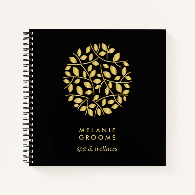 Gold-Blätter-Logo | Schwarz | Personalisiert Monog Notizbuch (Vorderseite)