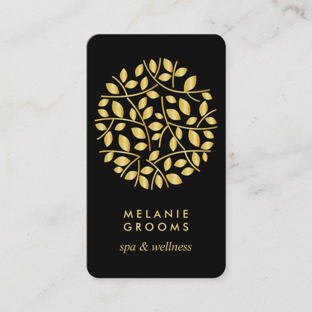 Gold-Blätter-Logo| Schwarz | Yoga für Wellness-Mas Visitenkarte (Vorderseite)