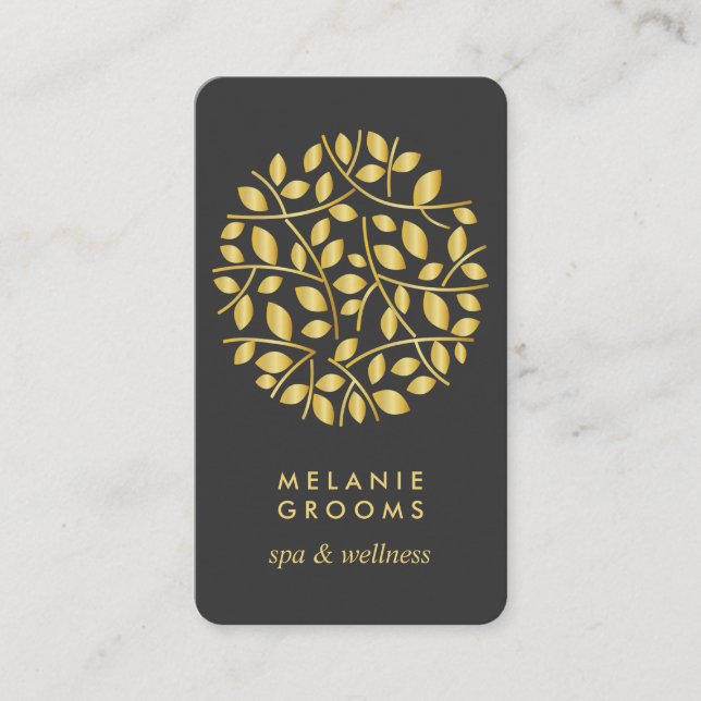 Gold Blätter Logo Vertikale Wellness-Massage Yoga Visitenkarte (Vorderseite)
