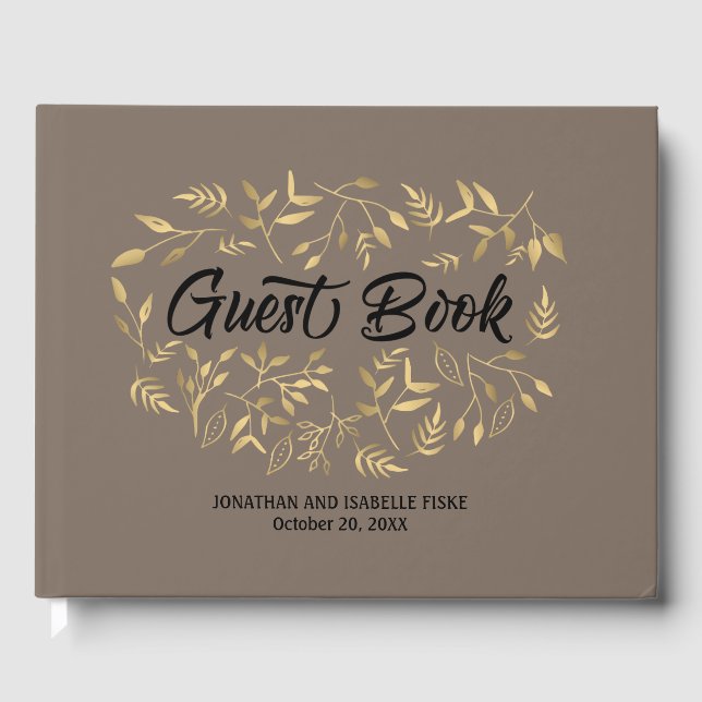 Gold Blätter mit Schwarztext auf Taupe Wedding Gästebuch (Vorderseite)