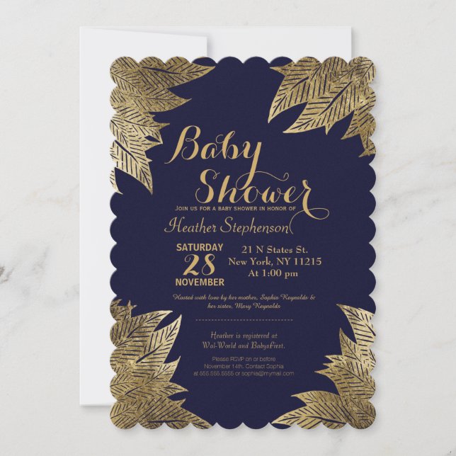 Gold-Blätter über Einladungen für Navy Blue Baby-D (Vorderseite)