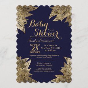 Gold-Blätter über Einladungen für Navy Blue Baby-D