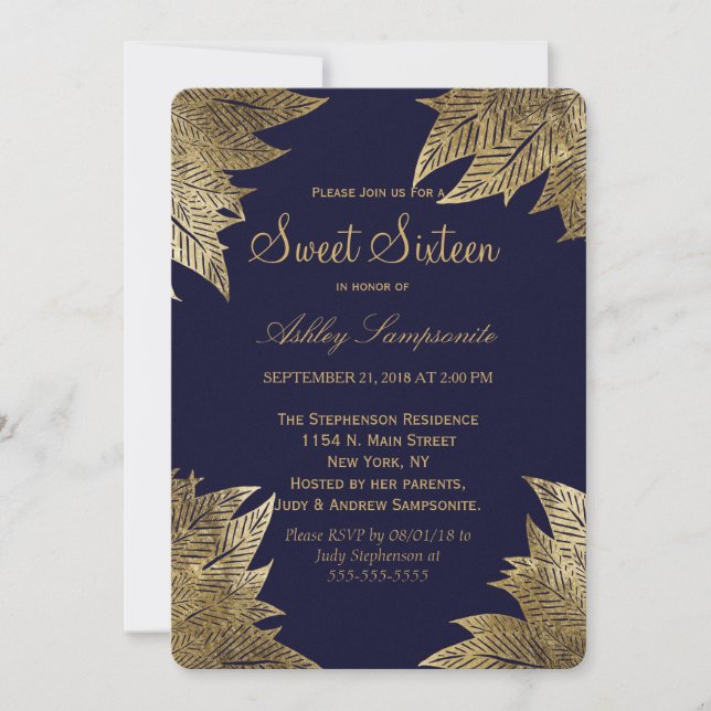 Gold-Blätter über Navy Blue Sweet 16 Einladungen (Vorderseite)