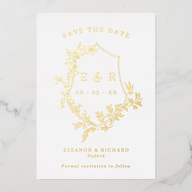 Gold Blätter Wappen Monogram Save the Date Folieneinladung (Vorderseite)