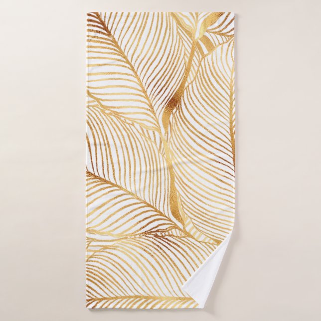 Gold Blätter Weiß Elegantes Muster Badehandtuch (Badehandtuch)