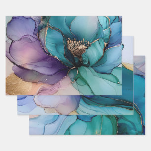 Gold Blau Aqua Lila Blumen Brautparty Geschenkpapier Set