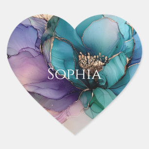 Gold Blau Aqua Lila Blumen Brautparty Herz-Aufkleber