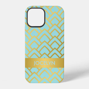 Gold Blau Art Deco Geometrischer Persönlicher Name iPhone 12 Hülle
