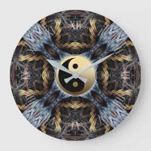 Gold Blau Fraktaler Wandteppich mit Yin Yang Symbo Große Wanduhr