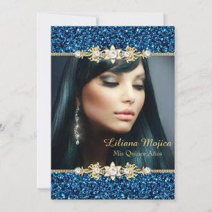 Gold Blau Glitter & Juwel Bogen Quinceanera Einladung
