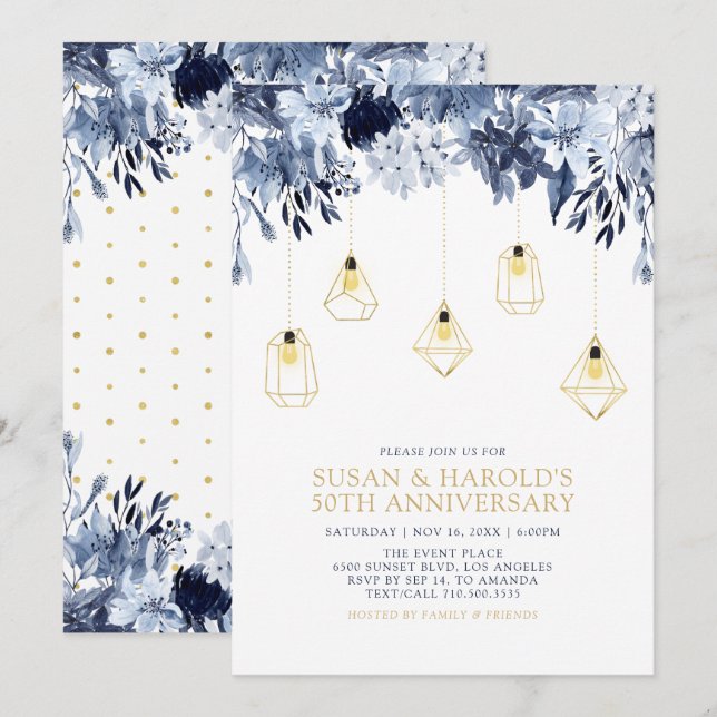 Gold & Blau | Licht, Blumenzwiebeln Einladung (Vorne/Hinten)