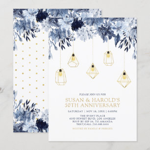 Gold & Blau   Lichter, Florale Hochzeits-Jubiläums Einladung
