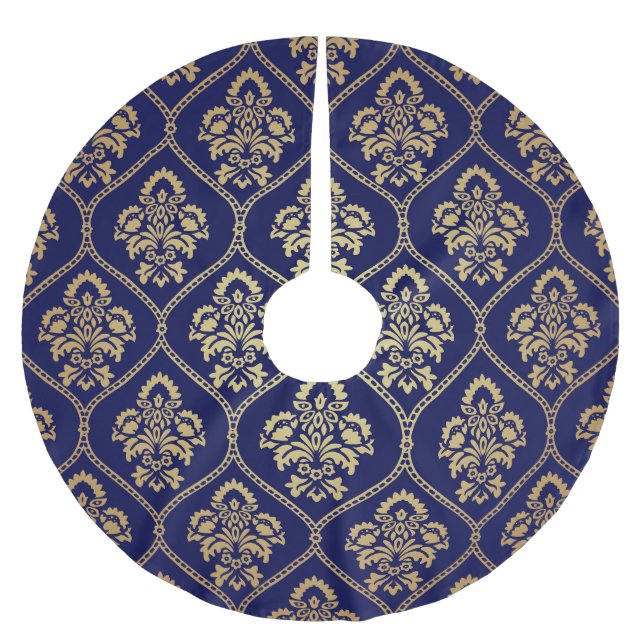 Gold & Blau: Luxus Damask Polyester Weihnachtsbaumdecke (Vorderseite)