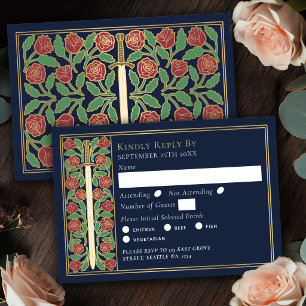 Gold Blau Mittelalterliches Florales Schwert Hochz RSVP Karte