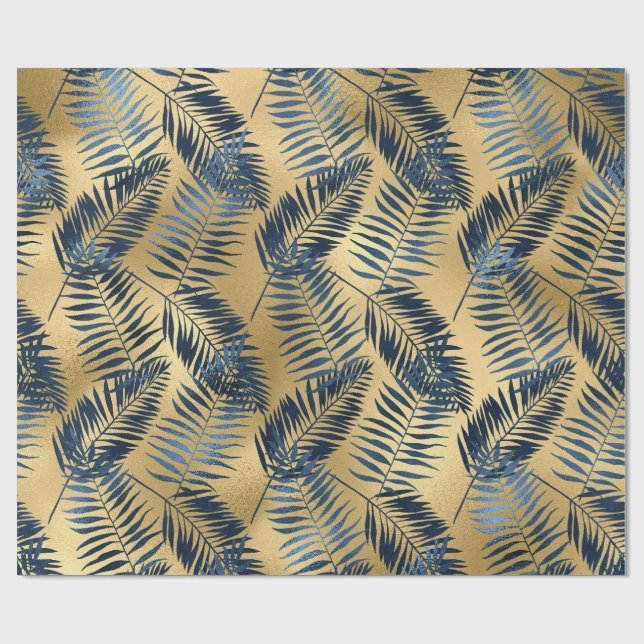Gold Blau Palmwedel Geschenkpapier  (Flach)