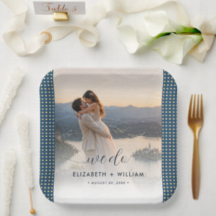 Gold & Blau Punkte personalisierte Hochzeit Pappteller