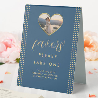Gold & Blau Punkte personalisierte Hochzeit Tischaufsteller